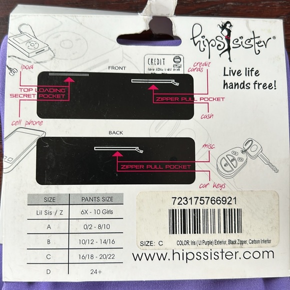 NWT Hips Sister size C front & back zipper pockets & top loading - Picture 3 of 3